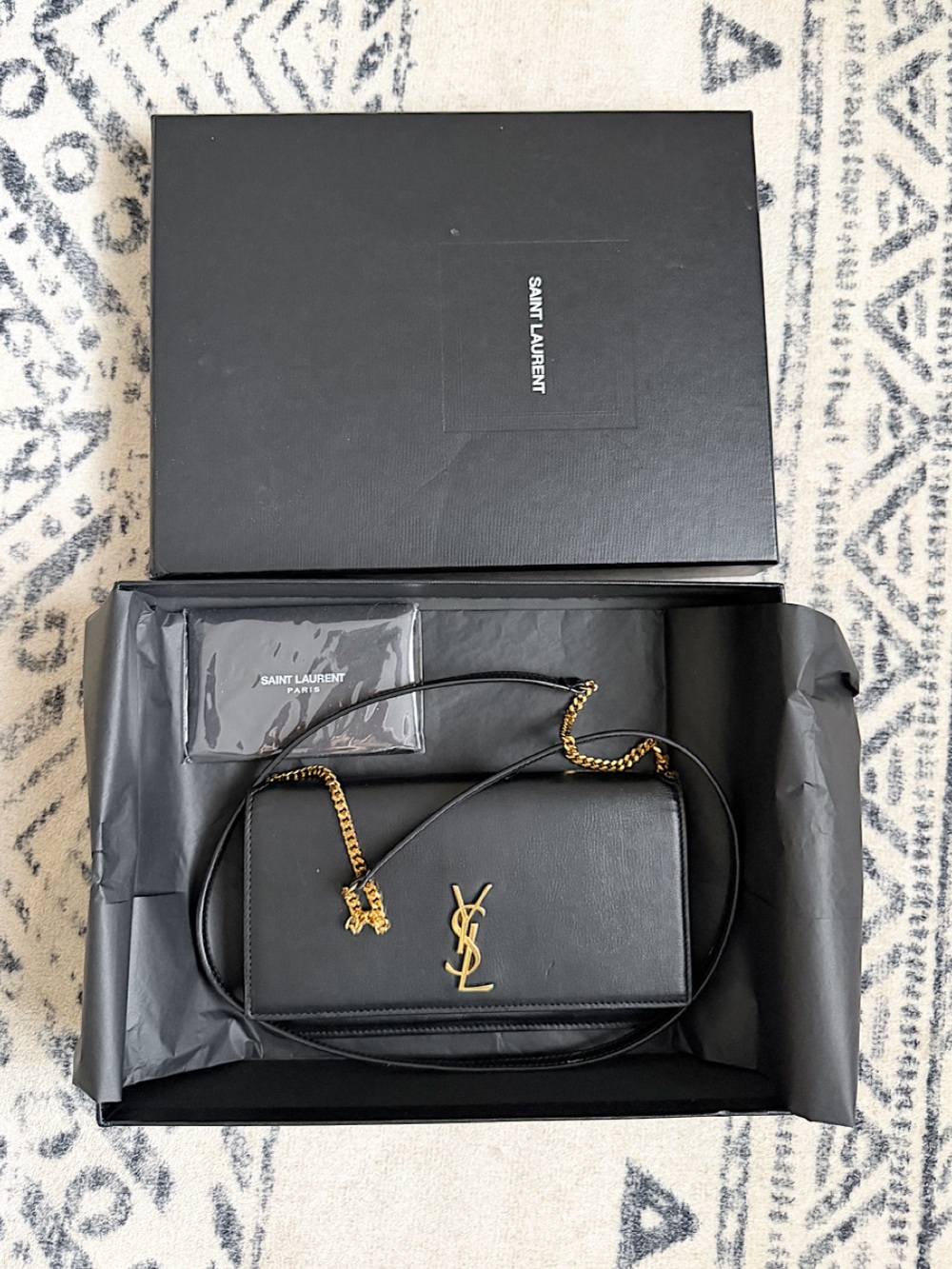 YSL Cassandre mini black gold monogram chain crossbody bag phone holder